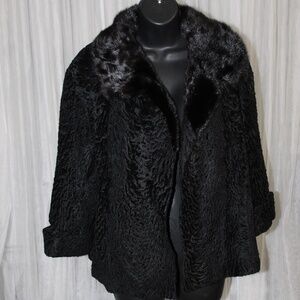 Black Lamb Fur Coat w/ Mink Collar. Vtg. Sz. L